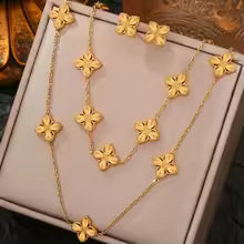 Stainless Steel Fine Petal Four-leaf Necklace Bracelet Earrings for Women Fashion Non