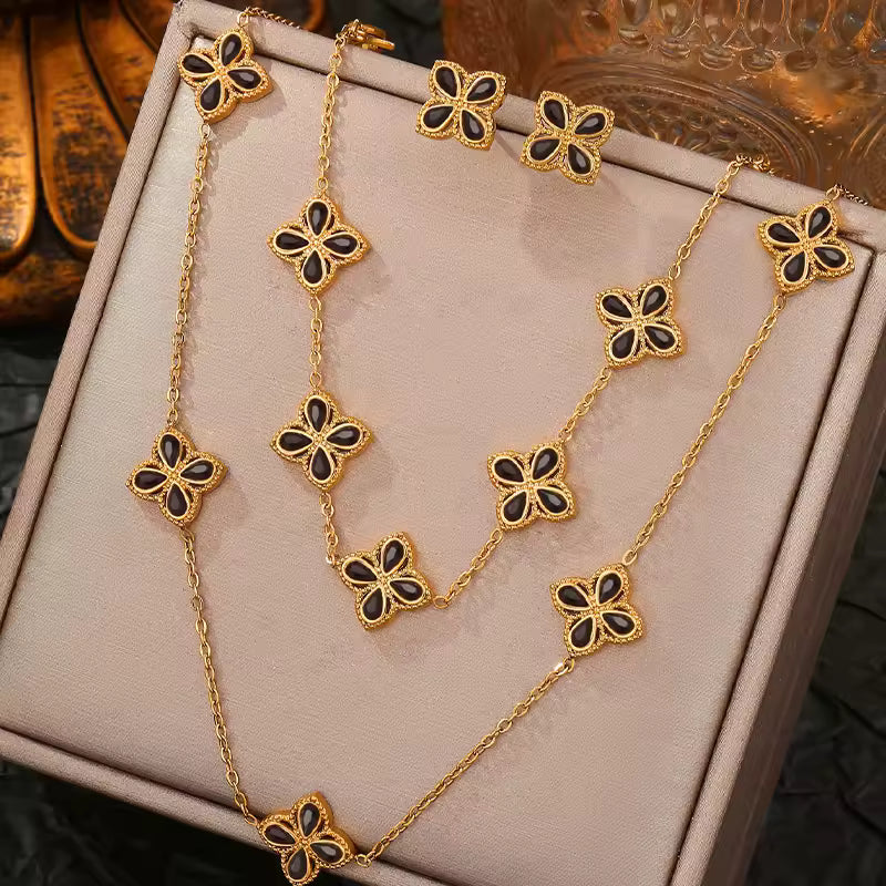 Stainless Steel Fine Petal Four-leaf Necklace Bracelet Earrings for Women Fashion Non